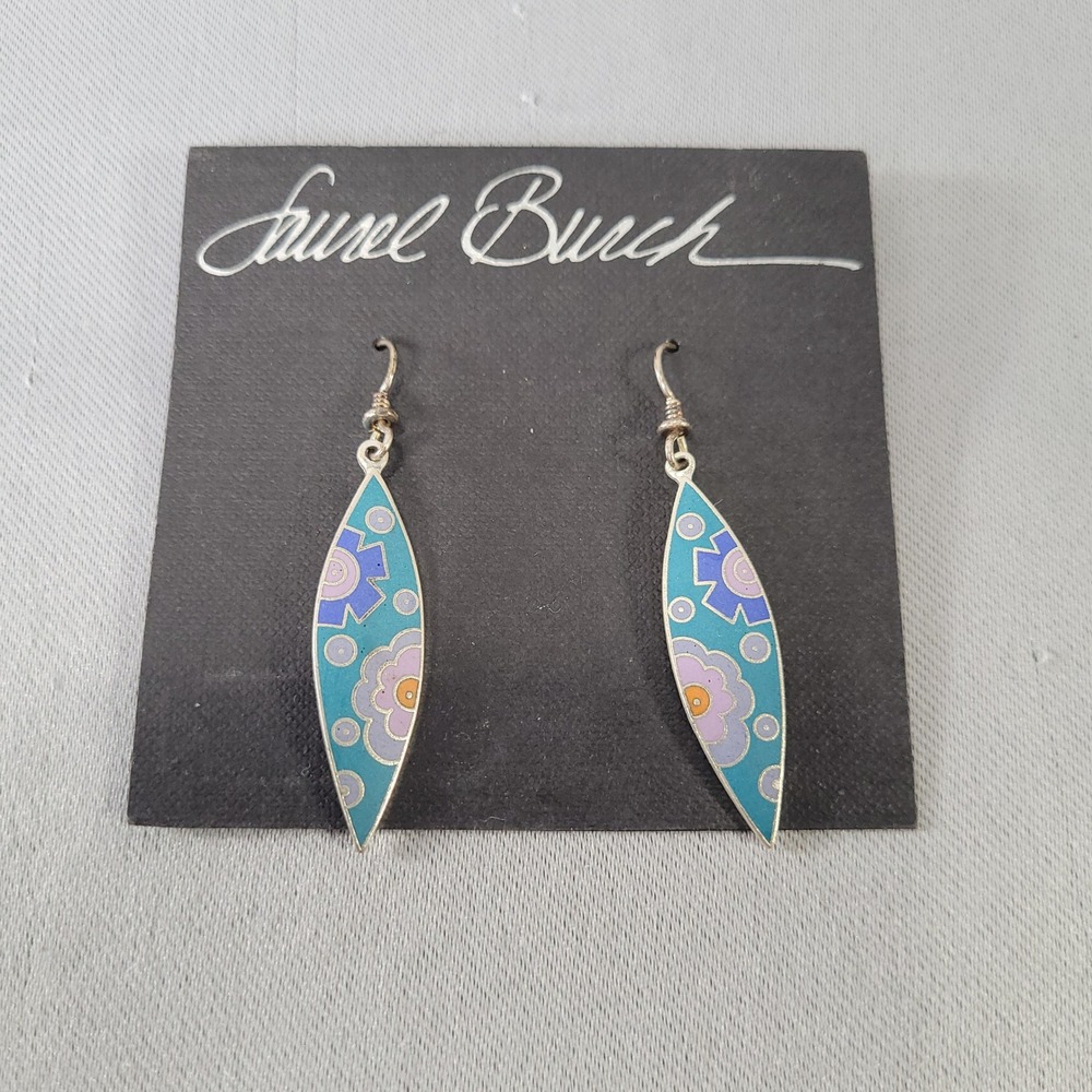 Laurel Burch Emma Earrings Enamel Floral Drop Turquoise‎ Purple Silver Tone NOS